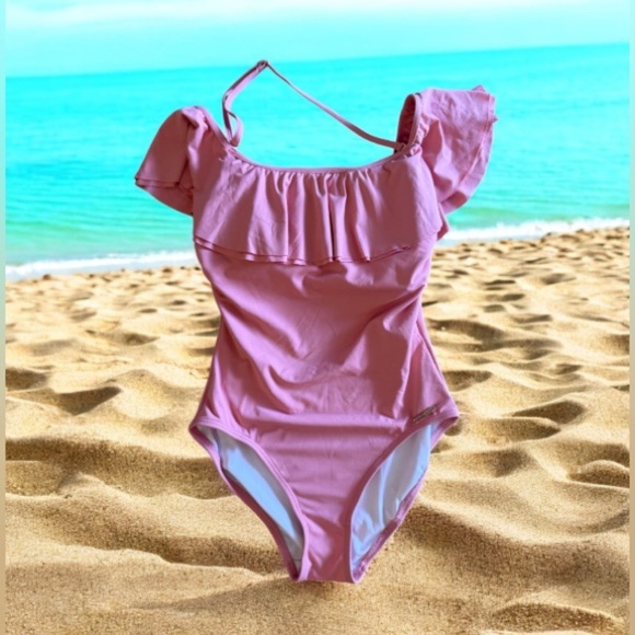 Michael Kors Pink Ruffle Swimsuit Built in Shelf Bra Padded Cups Off Shoulder 6 - Picture 3 of 16